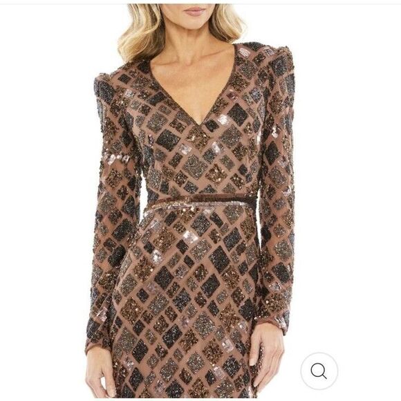 Mac Duggal Sz 4 Brown Chocolate Beaded Geometric Sheath Cocktail Evening Dress - Picture 4 of 12